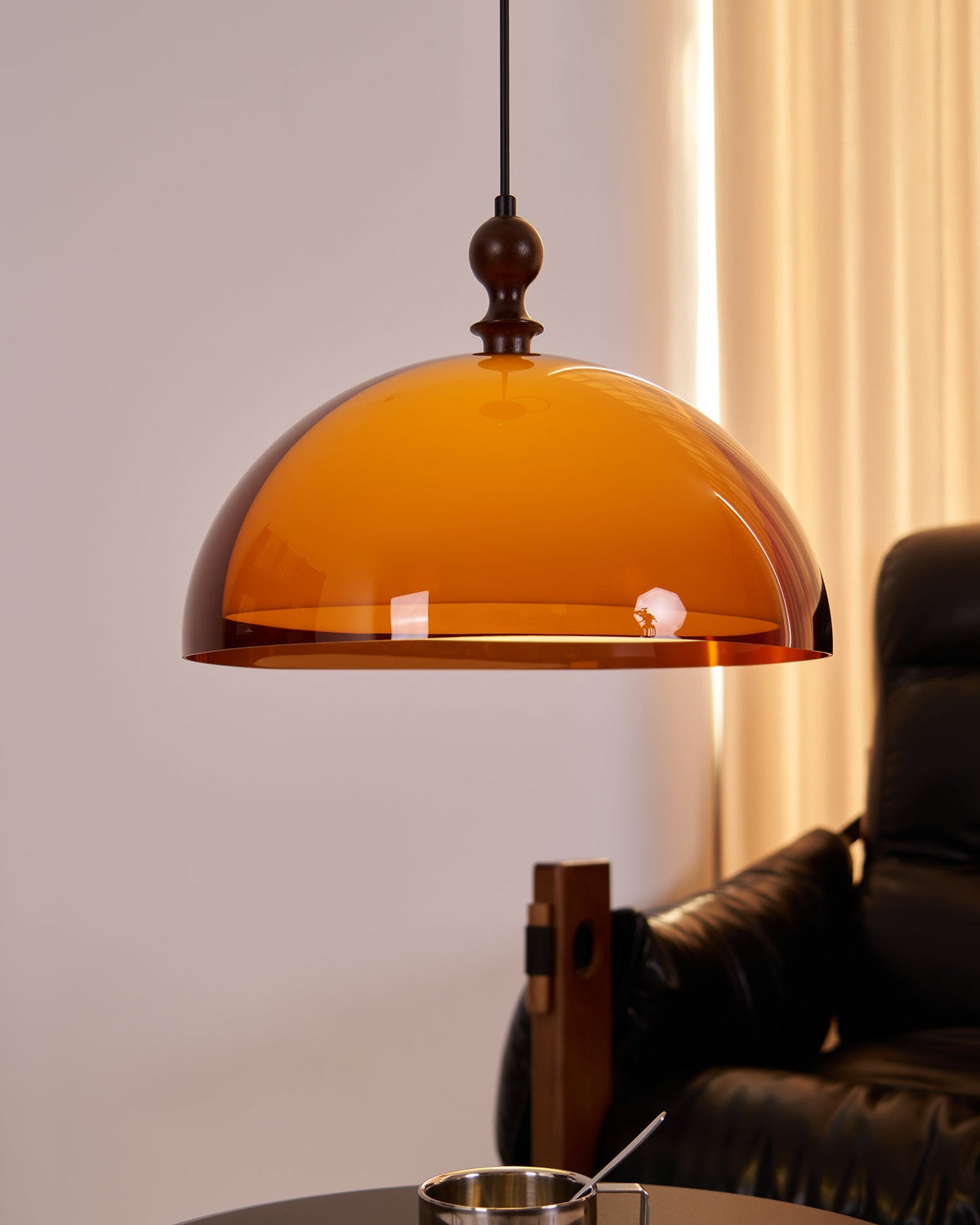 Hanging Ceiling Light Fixture with Walnut Wood Accent and Acrylic Shade 14 Inch Diameter for Kitchen Island Dining Room Table Adjustable Hei