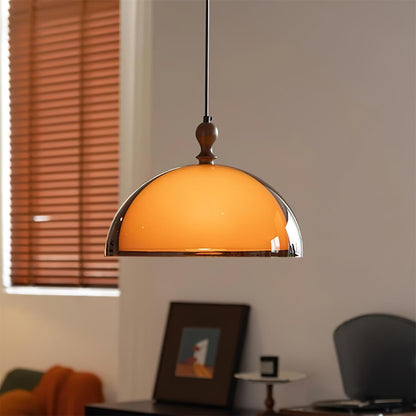 Hanging Ceiling Light Fixture with Walnut Wood Accent and Acrylic Shade 14 Inch Diameter for Kitchen Island Dining Room Table Adjustable Hei
