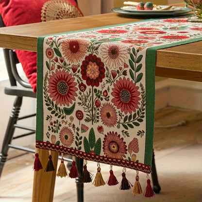Elysia Table Runner - Embroidered Floral with Tassels