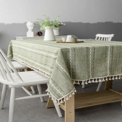 Elysian Cotton Linen Tablecloth - Striped Embroidery Tassel Lace