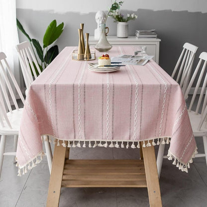 Elysian Cotton Linen Tablecloth - Striped Embroidery Tassel Lace