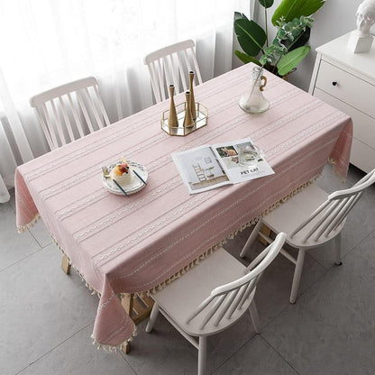Elysian Cotton Linen Tablecloth - Striped Embroidery Tassel Lace