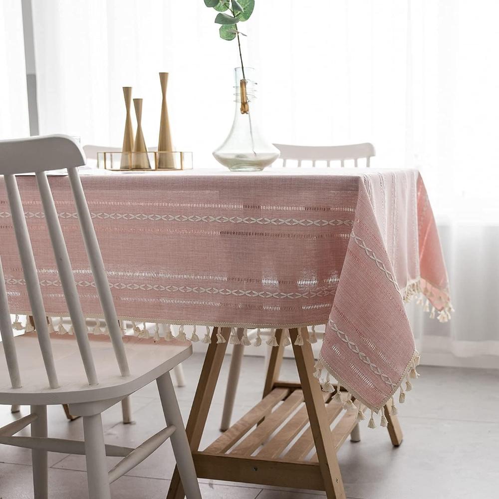 Elysian Cotton Linen Tablecloth - Striped Embroidery Tassel Lace