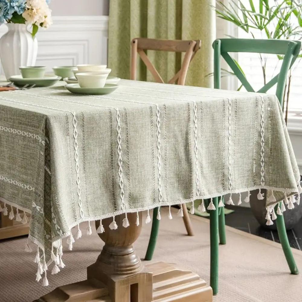Elysian Cotton Linen Tablecloth - Striped Embroidery Tassel Lace