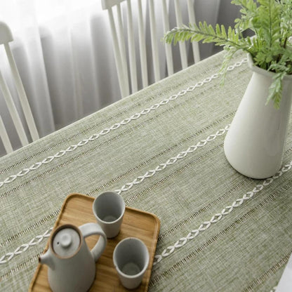 Elysian Cotton Linen Tablecloth - Striped Embroidery Tassel Lace