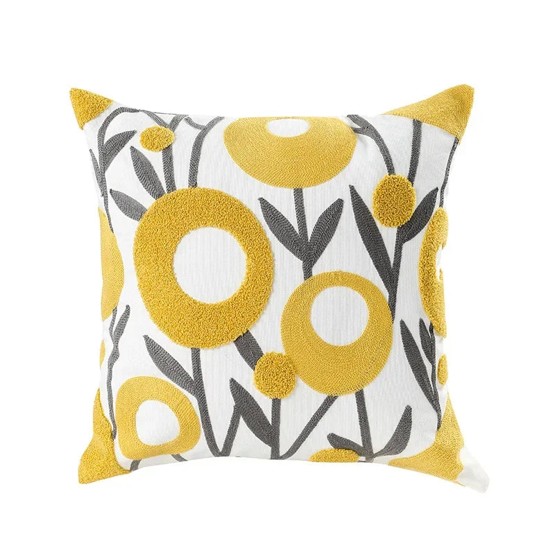 Embroidered Cotton Canvas Cushion Cover – Rustic Floral Design for Couch and Sofa