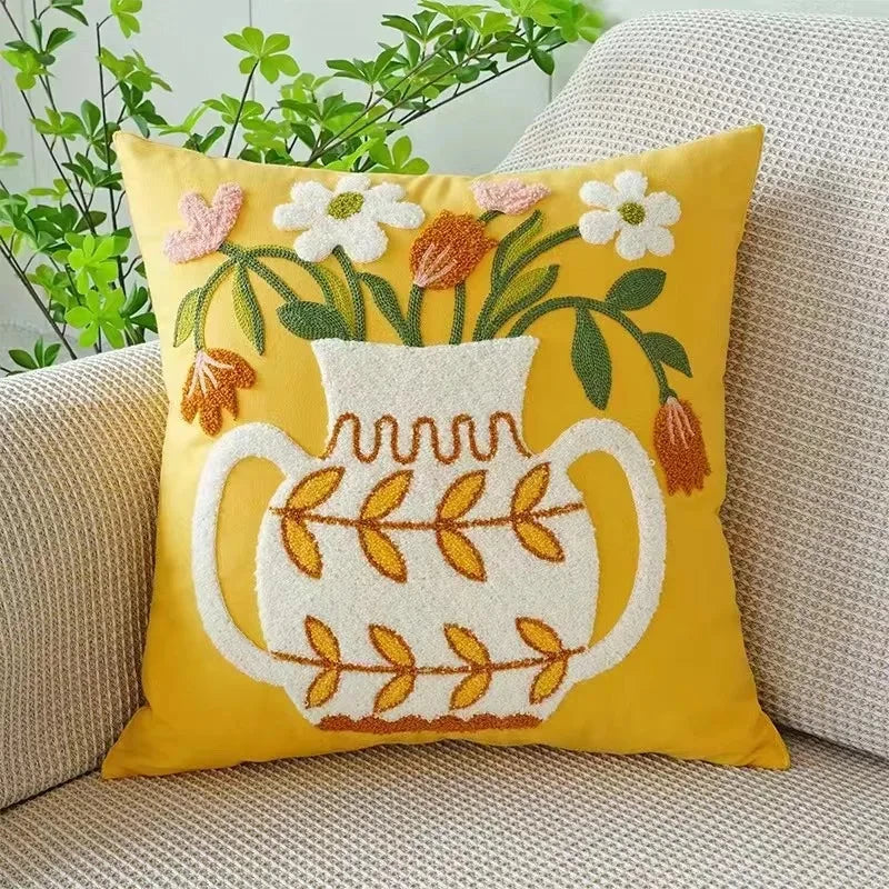 Embroidered Cotton Canvas Cushion Cover – Rustic Floral Design for Couch and Sofa