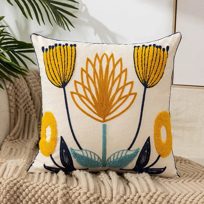 Embroidered Cotton Canvas Cushion Cover – Rustic Floral Design for Couch and Sofa