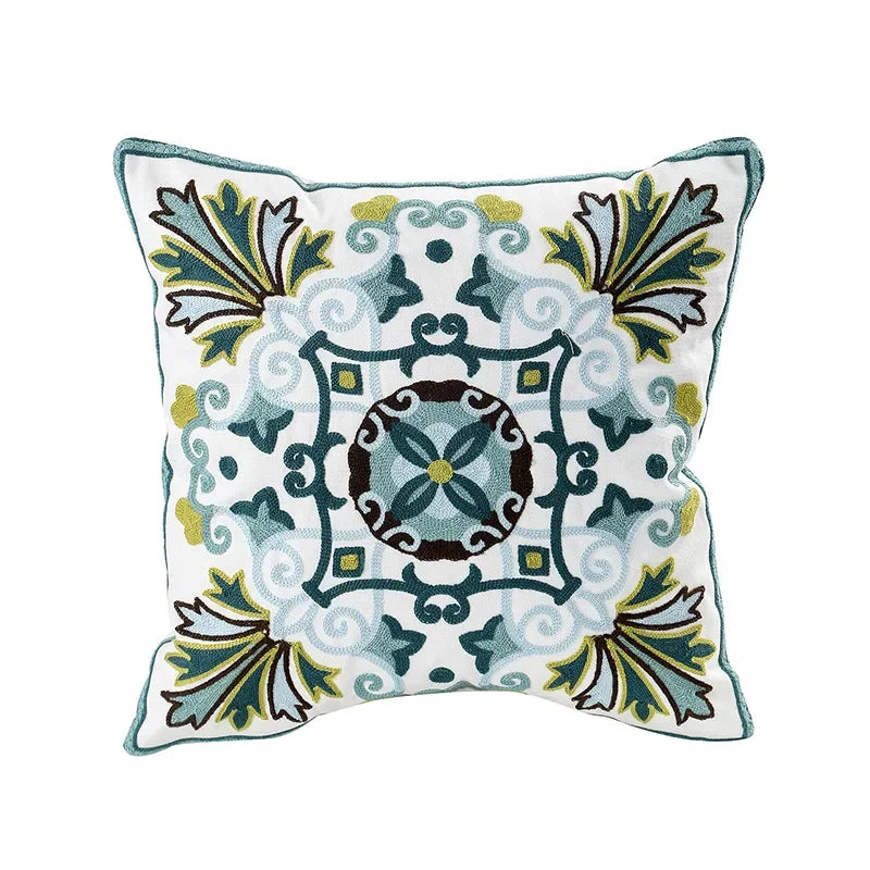 Embroidered Cotton Canvas Cushion Cover – Rustic Floral Design for Couch and Sofa