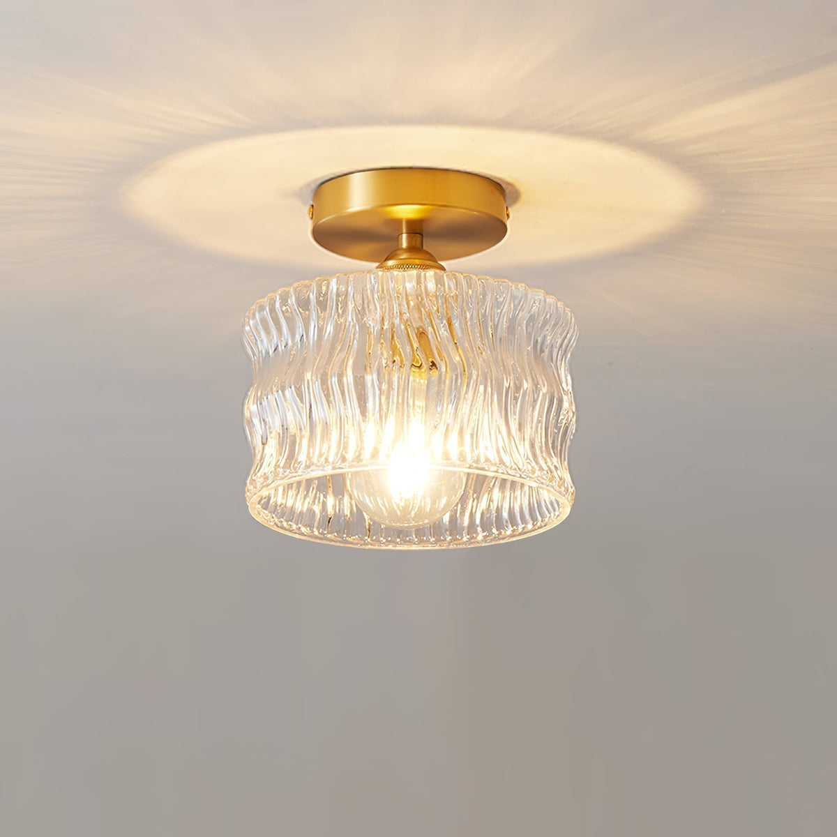 Semi-Flush Overhead Lamp with Textured Glass Dome and Brass-Tone Hardware for Low-Profile Entryways & Bedrooms