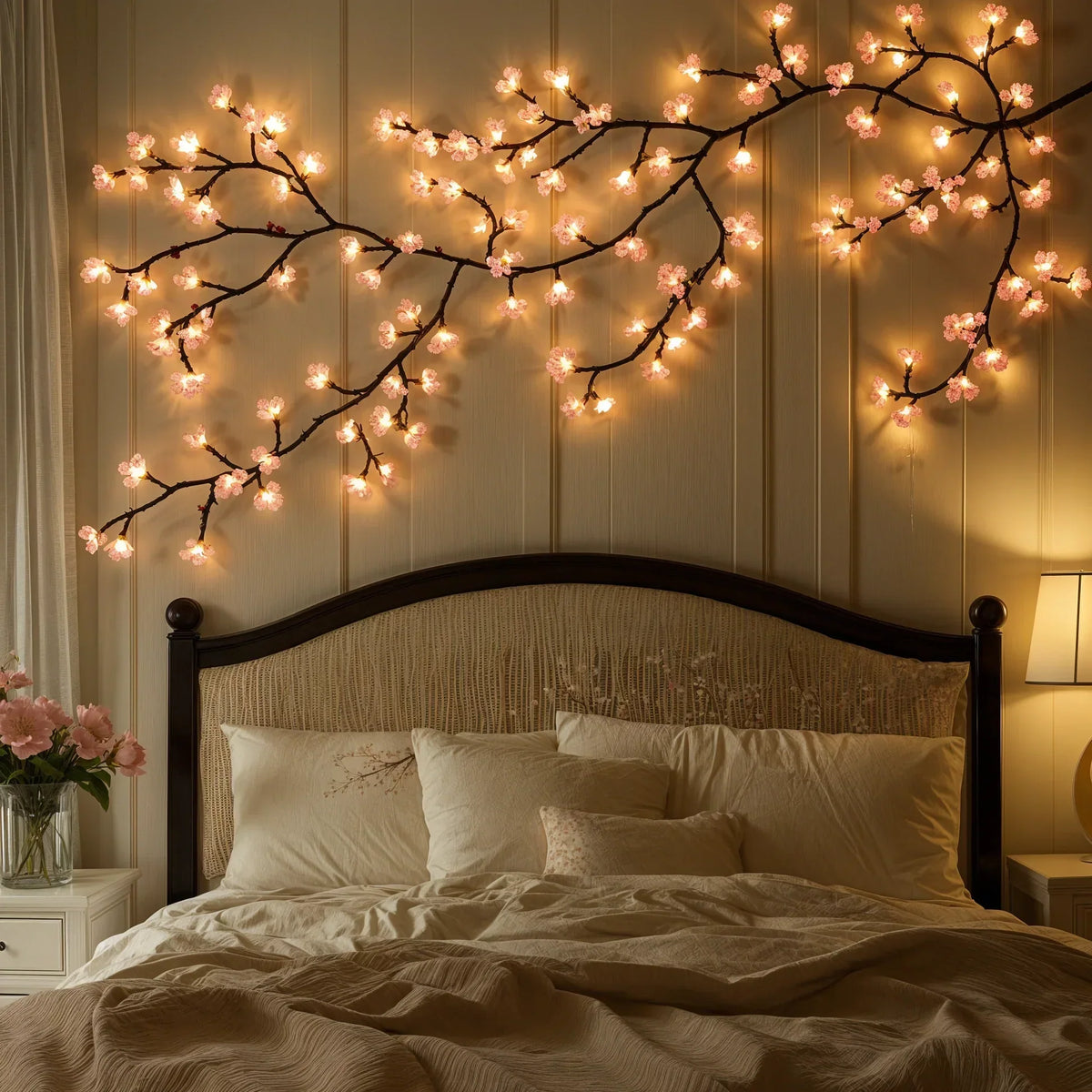Pink Cherry Blossom LED String Light Vine for Indoor Home Decor – 63-Inch Hanging Floral Lights with 72 Warm White & Blush LEDs