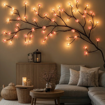 Pink Cherry Blossom LED String Light Vine for Indoor Home Decor – 63-Inch Hanging Floral Lights with 72 Warm White & Blush LEDs