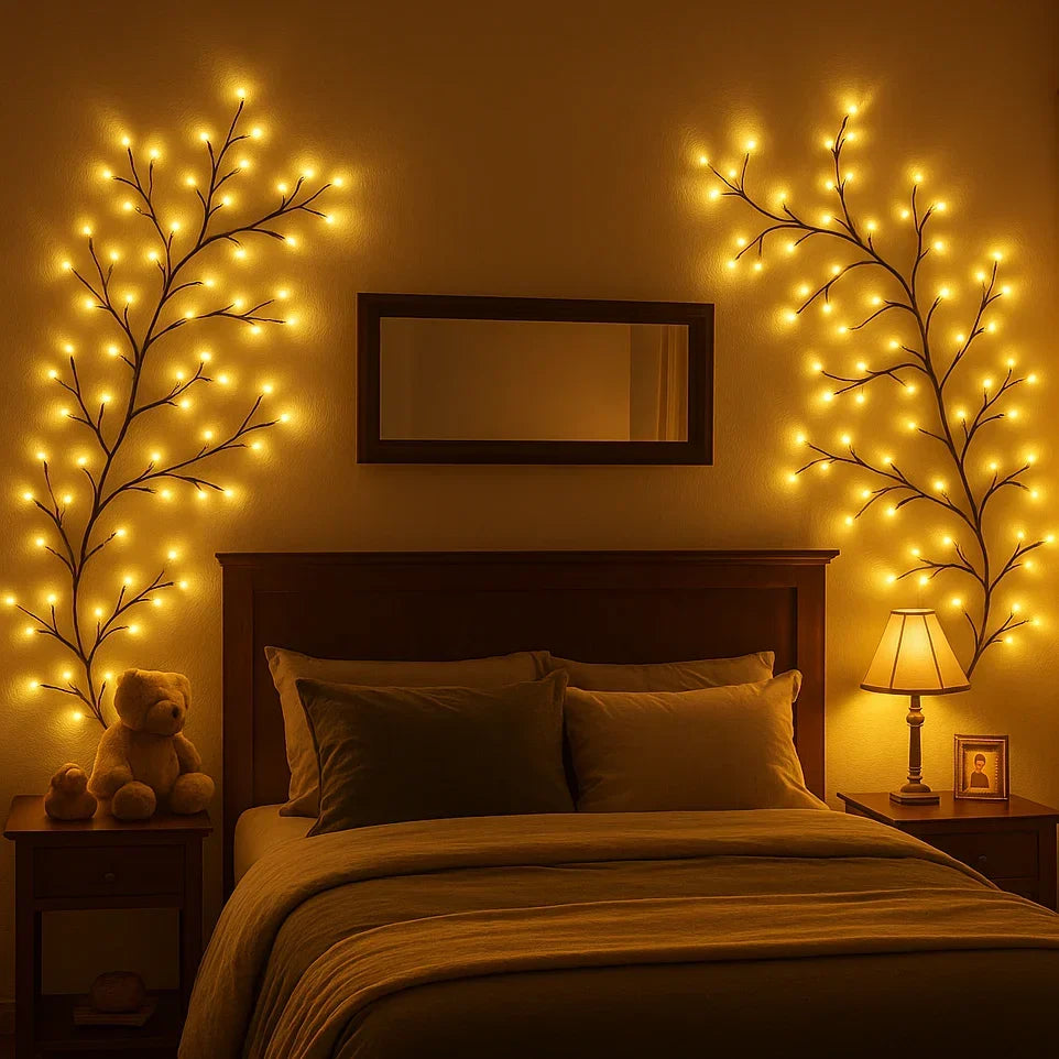 LED Lighted Willow Branch Wall Lamp Warm White Glow with Remote Dimmable Timer Indoor Accent Light for Living Room Bedroom Decor Home