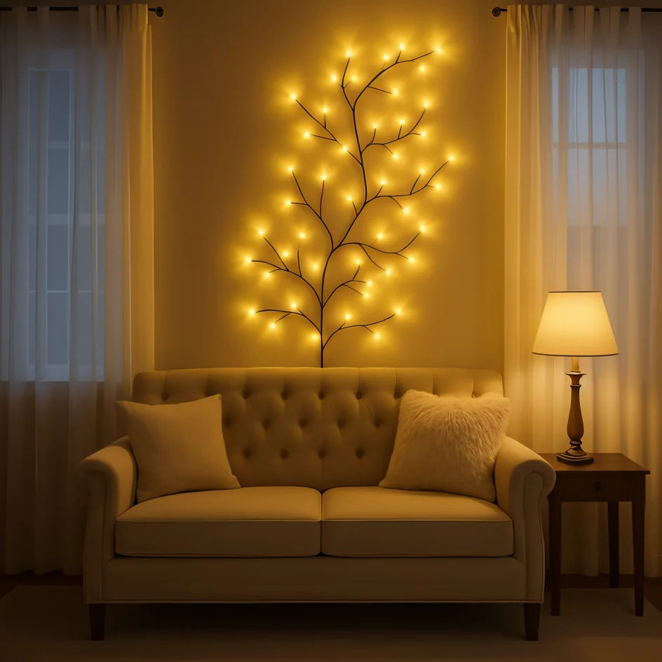 LED Lighted Willow Branch Wall Lamp Warm White Glow with Remote Dimmable Timer Indoor Accent Light for Living Room Bedroom Decor Home