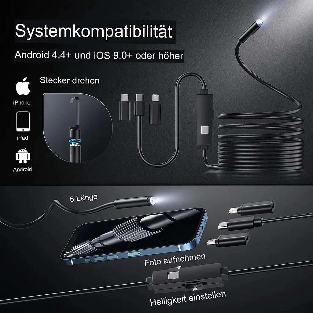 Flexible Borescope Camera with 16.4 ft Cable for Pipe Drain Engine Inspection | 0.3 in Waterproof HD Endoscope Smartphone Compatible for HVA