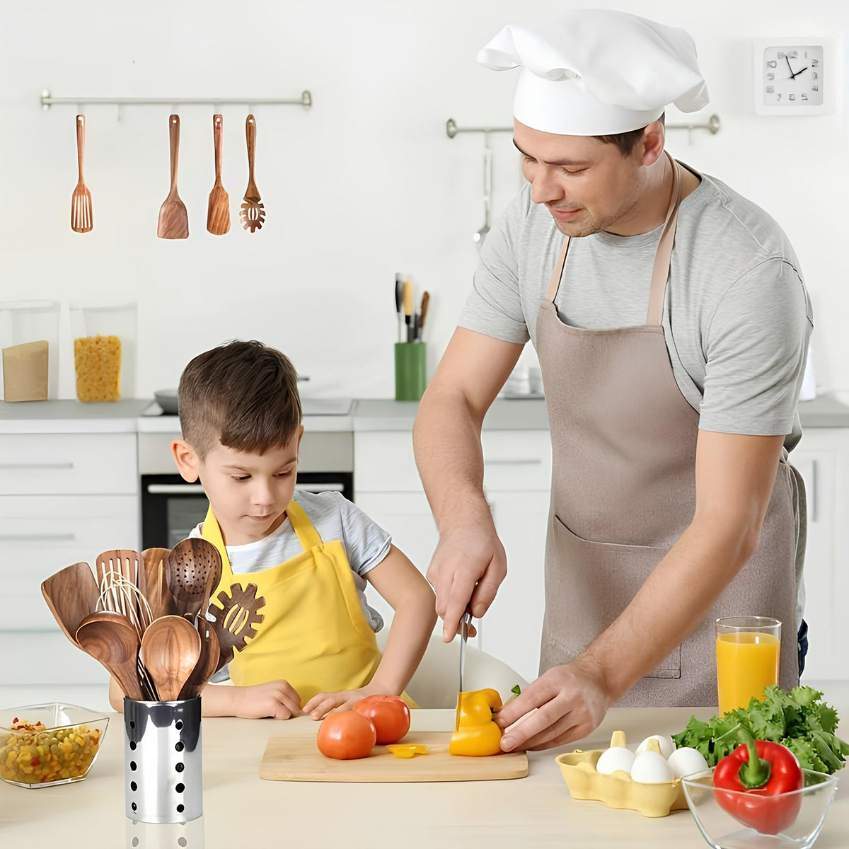 Set d'ustensiles de cuisine en bois 11 pièces avec support de rangement, spatules, cuillères et louches en teck, accessoires de cuisine pour ustensiles antiadhésifs et rangement sur comptoir