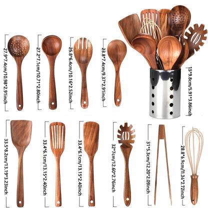 Set d'ustensiles de cuisine en bois 11 pièces avec support de rangement, spatules, cuillères et louches en teck, accessoires de cuisine pour ustensiles antiadhésifs et rangement sur comptoir