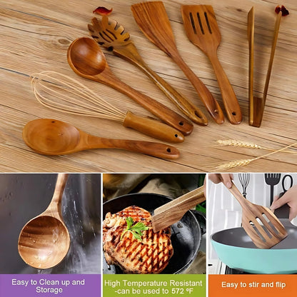 Essential Wooden Cooking Utensils Set | Non-Scratch & Heat Resistant Tools for Safe Cooking