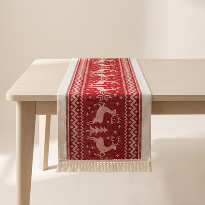 Everly Christmas Table Runner - Soft Microfiber, Elk Design with Tasseled Edges
