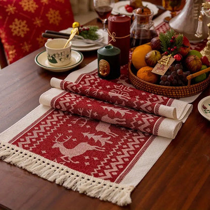 Everly Christmas Table Runner - Soft Microfiber, Elk Design with Tasseled Edges