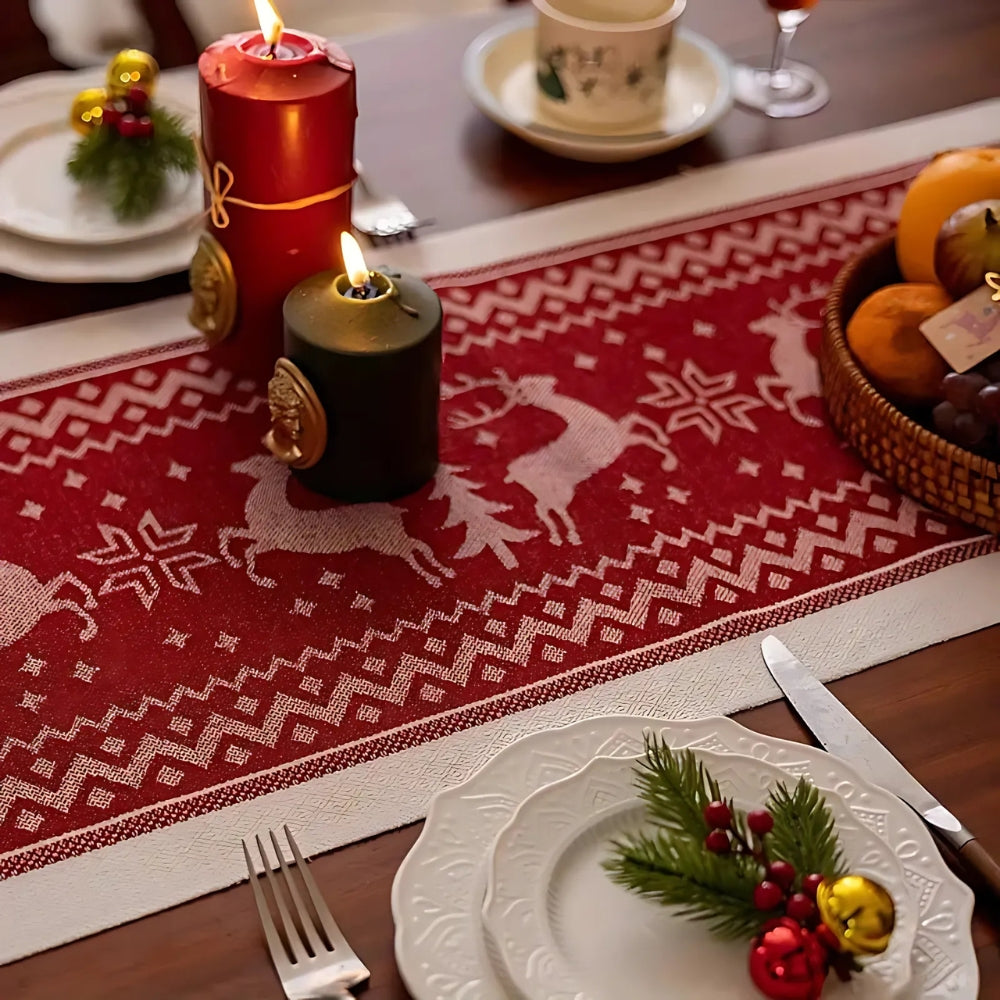Everly Christmas Table Runner - Soft Microfiber, Elk Design with Tasseled Edges
