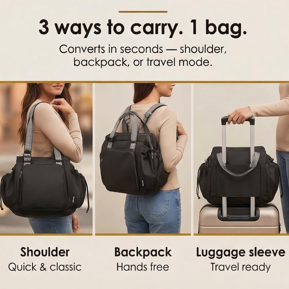 Sacs fourre-tout pour femmes, grand sac de travail avec 15 poches, sac fourre-tout convertible en nylon résistant à l'eau pour les voyages