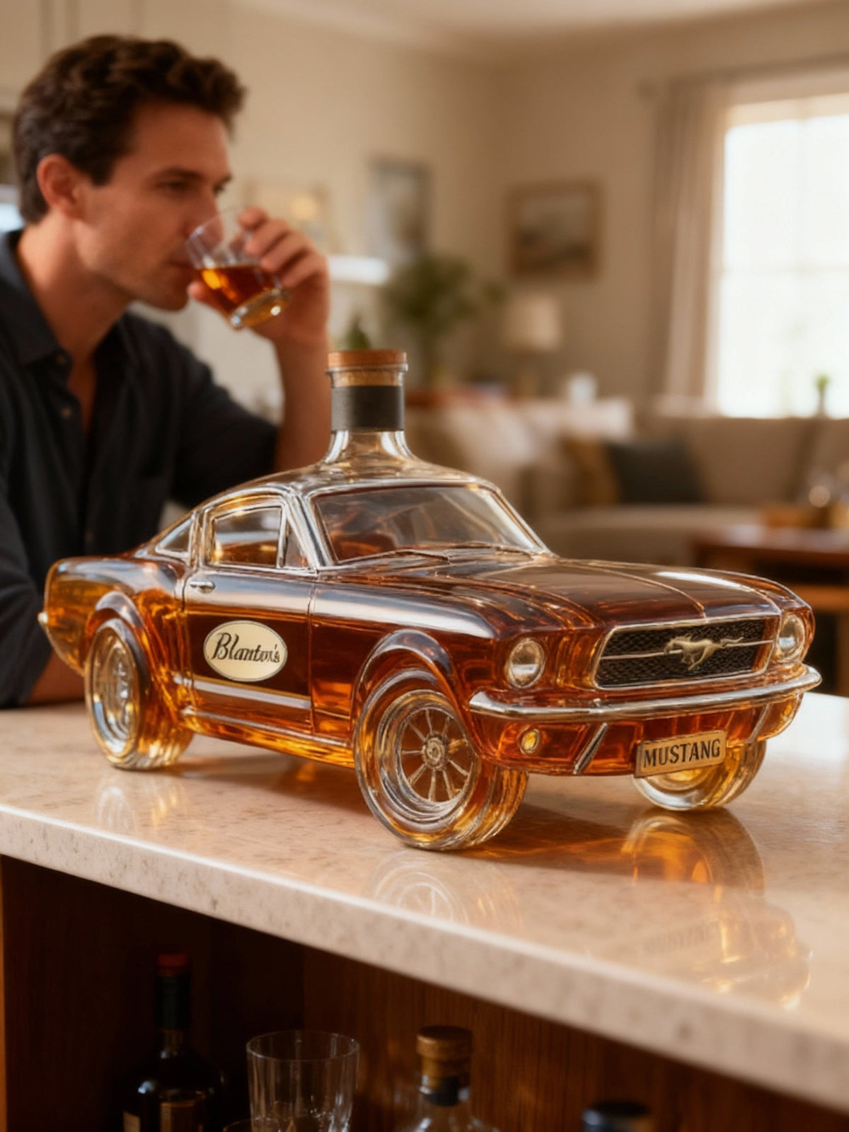Classic American Muscle Car Glass Liquor Dispenser with Detailed Automotive Silhouette for Home Bar Display