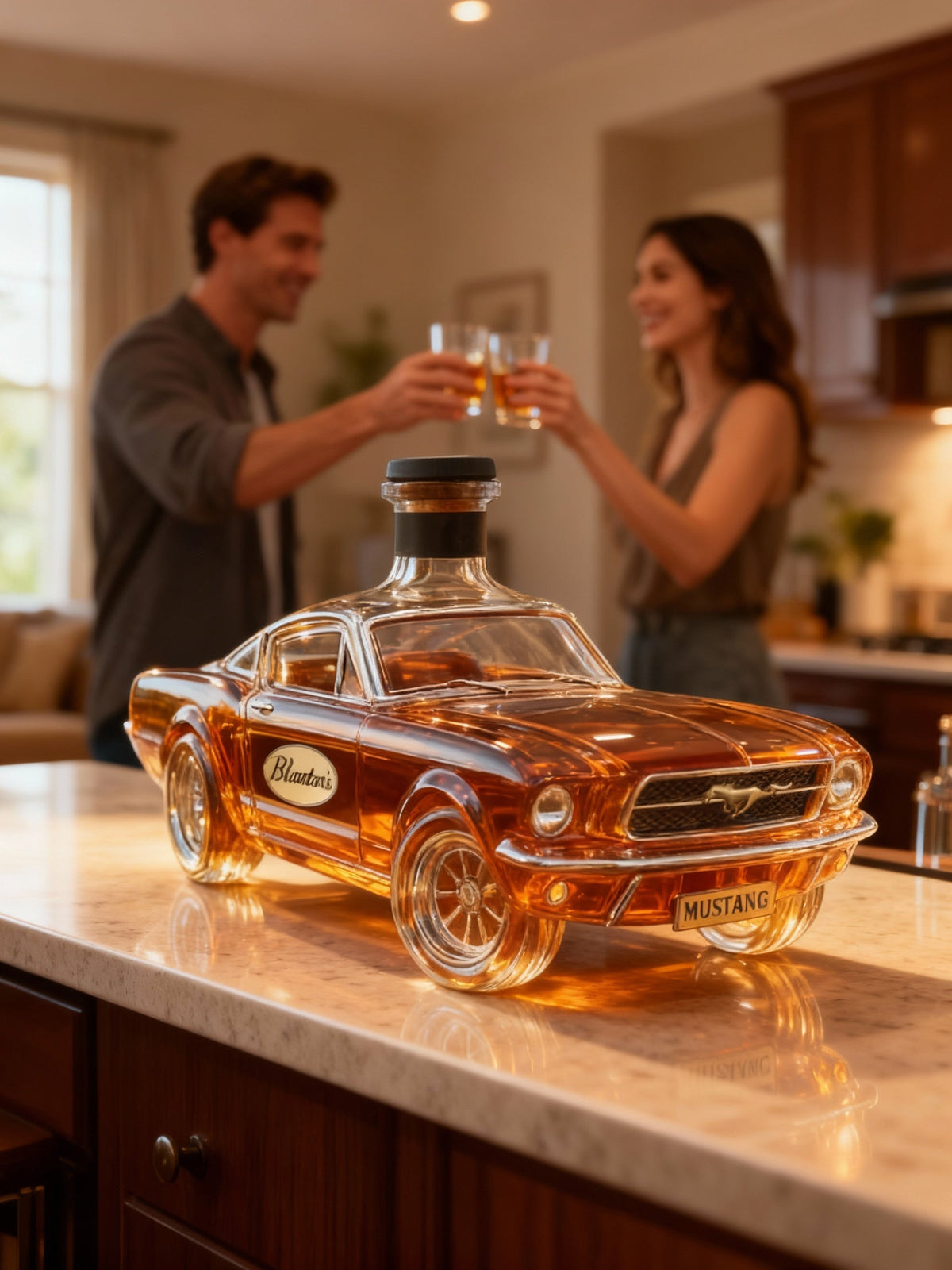 Classic American Muscle Car Glass Liquor Dispenser with Detailed Automotive Silhouette for Home Bar Display