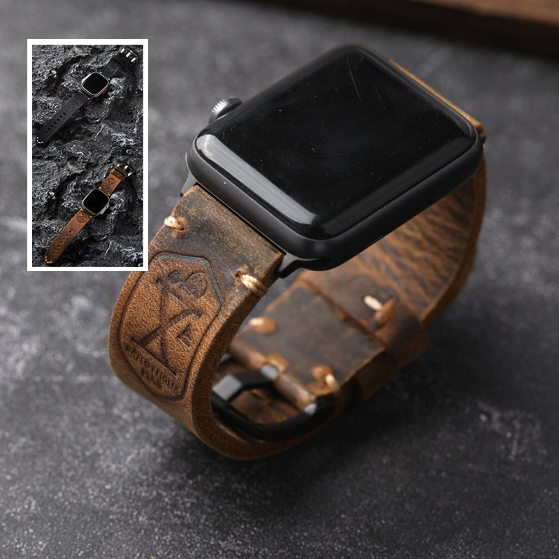 Vintage Full-Grain Leather Apple Watch Band | Handcrafted Strap with Patina Finish for 40mm 41mm 42mm 44mm 45mm 49mm | Classic Buckle Design