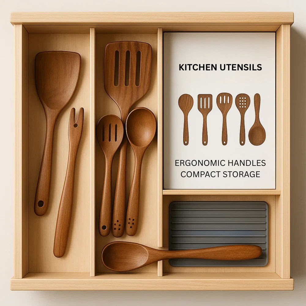 Ensemble d'ustensiles de cuisine en bois naturel