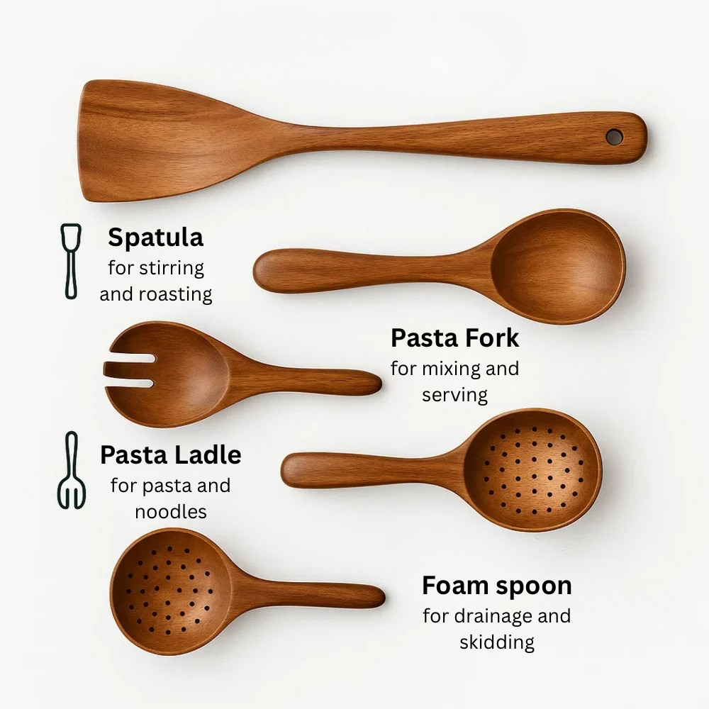 Ensemble d'ustensiles de cuisine en bois naturel