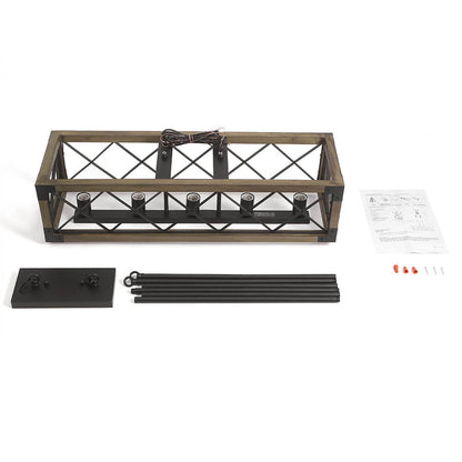 Rectangular Wood and Metal Hanging Fixture 31.5 Inches with 5 Sockets for Kitchen Island Dining Table Farmhouse Industrial Style Adjustable