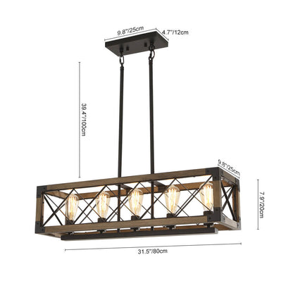 Rectangular Wood and Metal Hanging Fixture 31.5 Inches with 5 Sockets for Kitchen Island Dining Table Farmhouse Industrial Style Adjustable