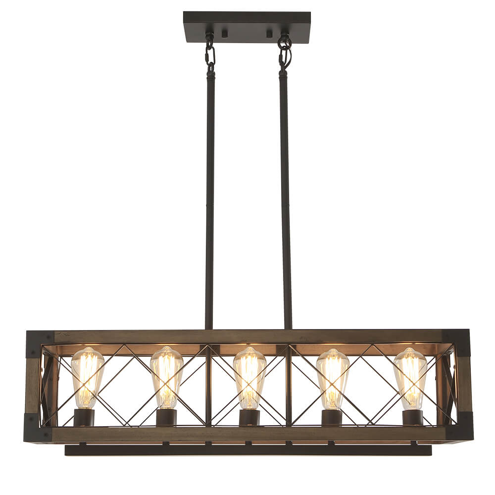 Rectangular Wood and Metal Hanging Fixture 31.5 Inches with 5 Sockets for Kitchen Island Dining Table Farmhouse Industrial Style Adjustable