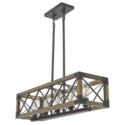 Rectangular Wood and Metal Hanging Fixture 31.5 Inches with 5 Sockets for Kitchen Island Dining Table Farmhouse Industrial Style Adjustable