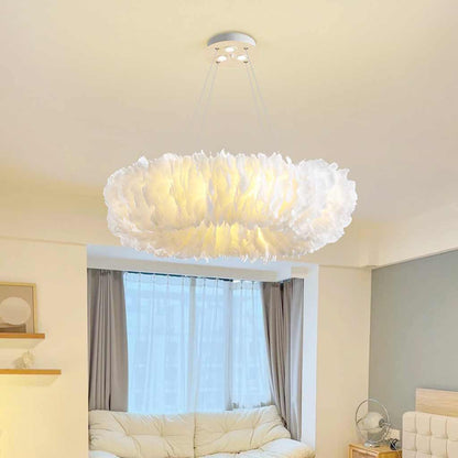 Hanging Feather Ceiling Light 20-Inch Ring Fixture with LED Adjustable Tones for Bedrooms Dining Rooms Girls' Rooms Modern Fluffy Chandelier