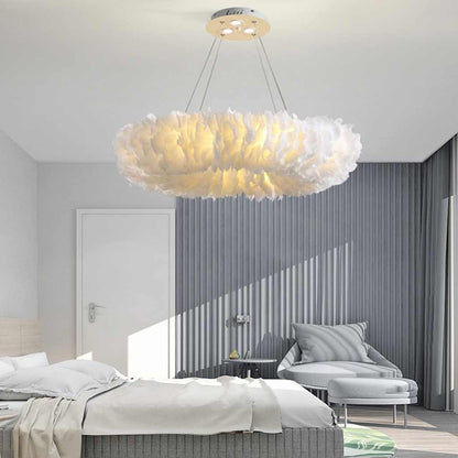 Hanging Feather Ceiling Light 20-Inch Ring Fixture with LED Adjustable Tones for Bedrooms Dining Rooms Girls' Rooms Modern Fluffy Chandelier
