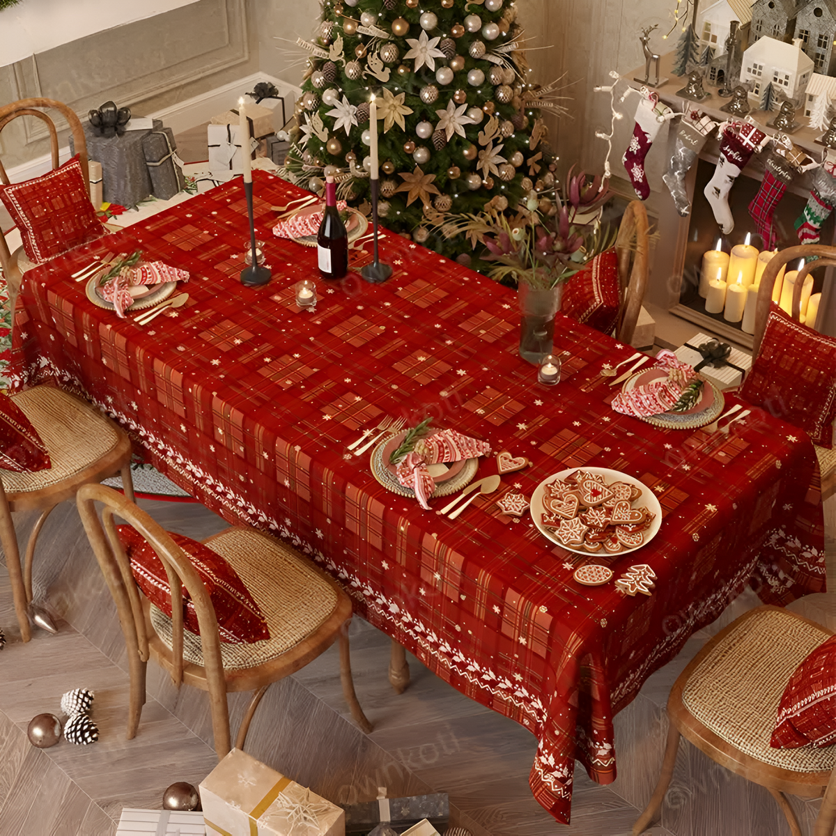 Felicity Tablecloth - Soft Chenille, Festive Christmas Red Plaid