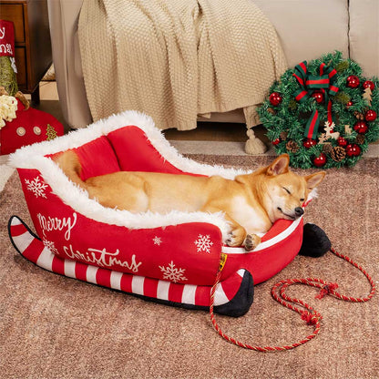 Holiday Sleigh Dog Bed with Plush Velvet Lining for Small to Large Dogs Winter Pet Lounger Christmas Decor