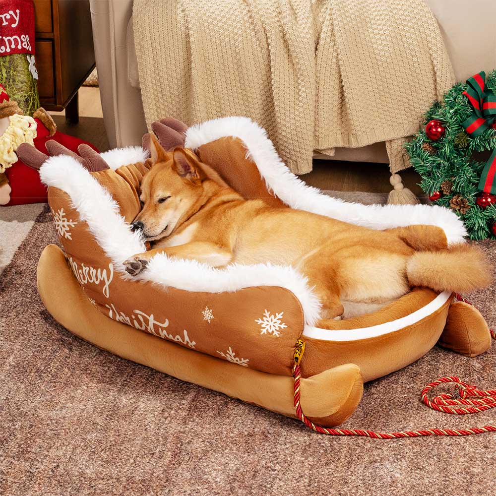 Holiday Sleigh Dog Bed with Plush Velvet Lining for Small to Large Dogs Winter Pet Lounger Christmas Decor