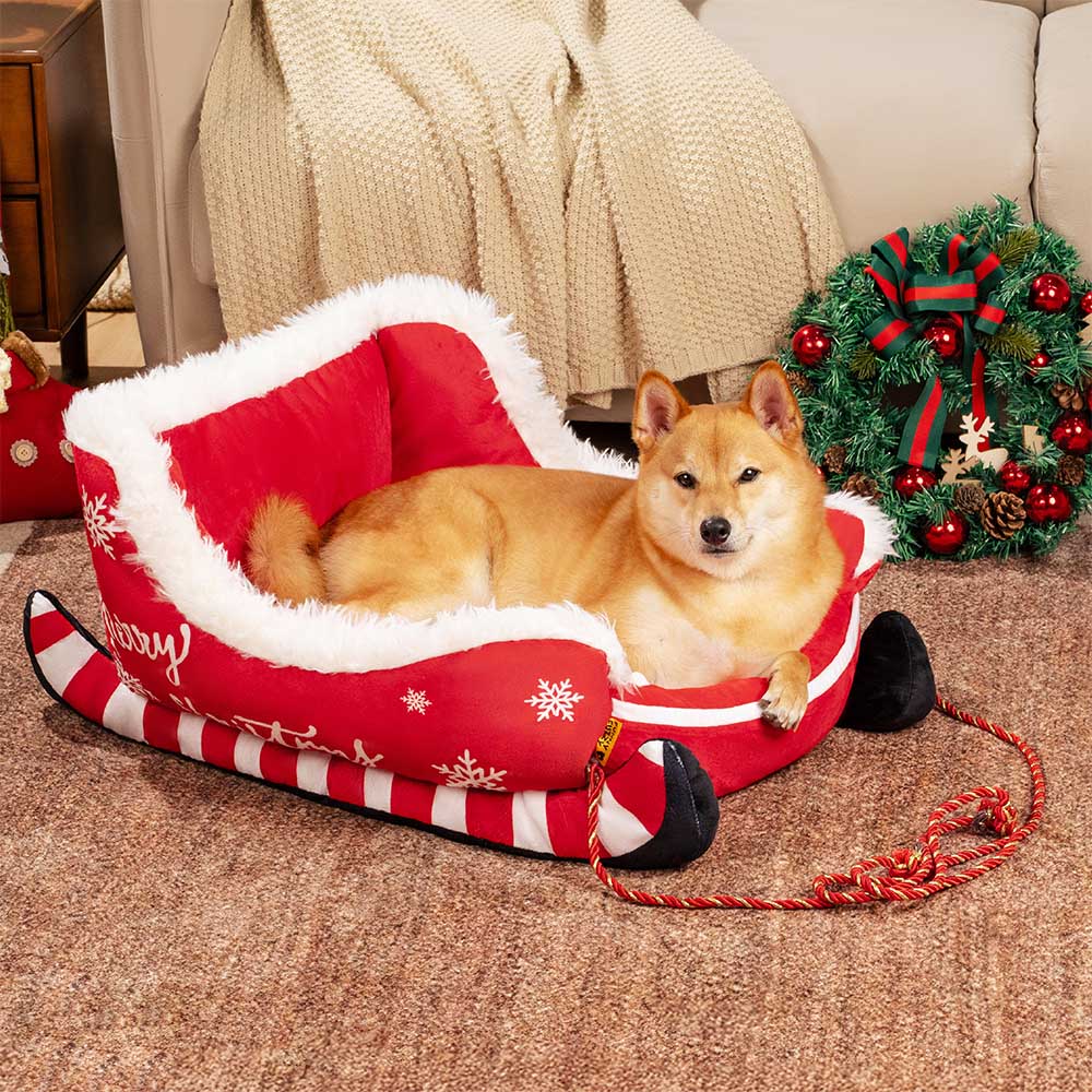 Holiday Sleigh Dog Bed with Plush Velvet Lining for Small to Large Dogs Winter Pet Lounger Christmas Decor