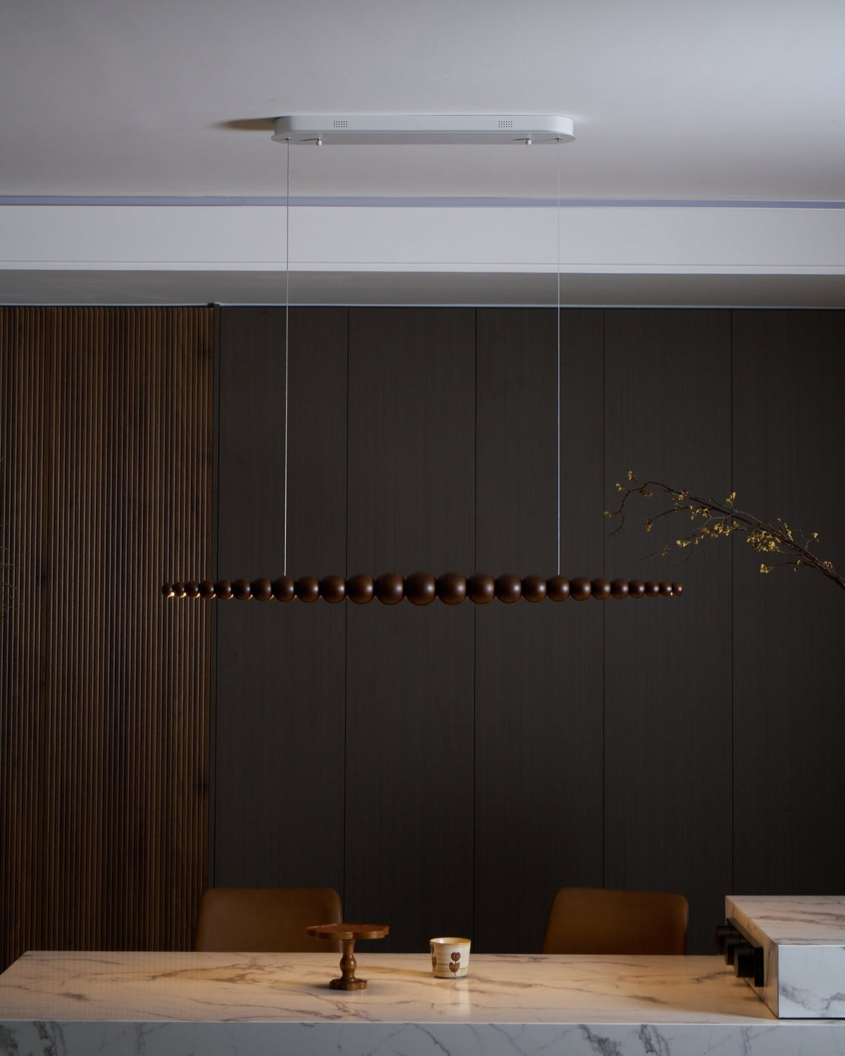 Hanging LED Fixture 46 in Metal Wood Acrylic Globe Pendant 3000K Contemporary Ceiling Light for Kitchen Island Dining Table