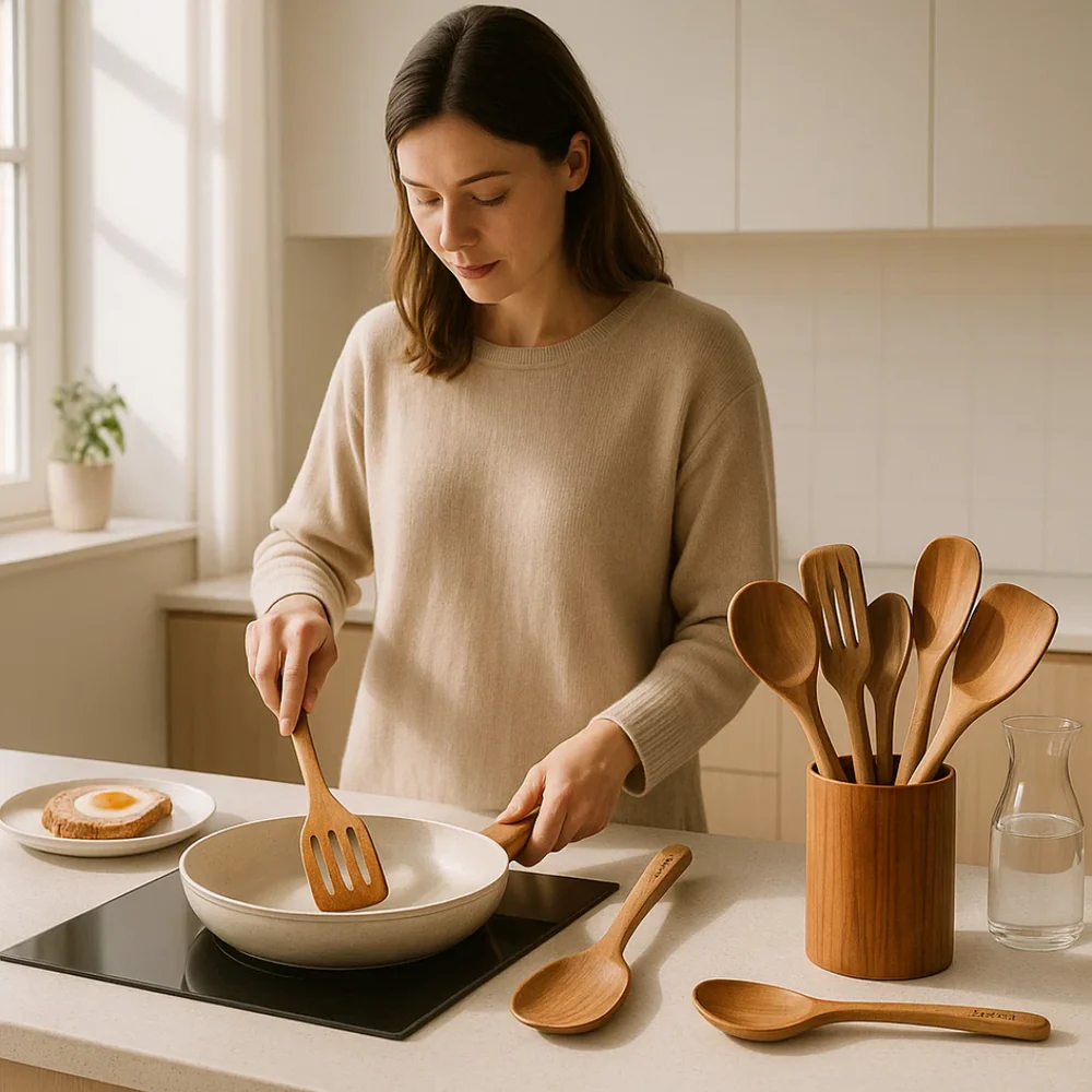 Ensemble d'ustensiles de cuisine en bois naturel