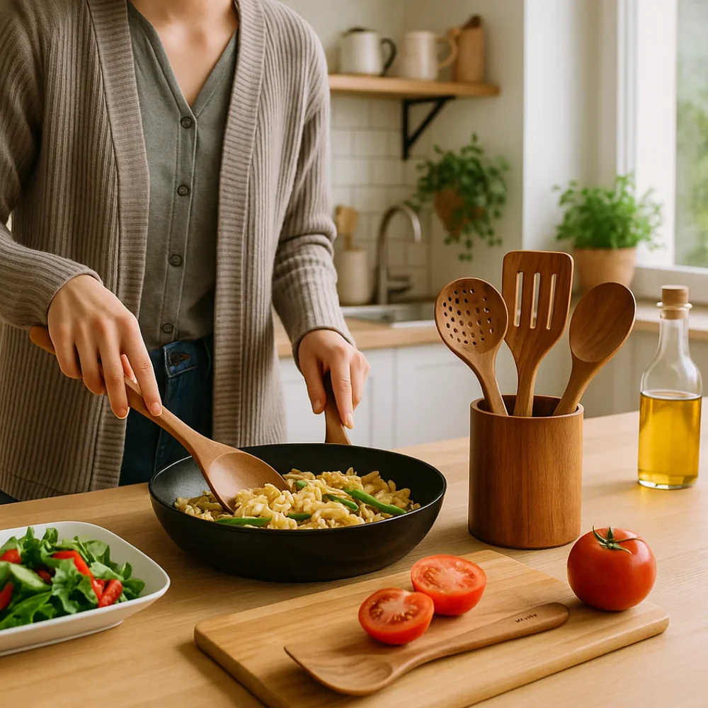 Ensemble d'ustensiles de cuisine en bois naturel