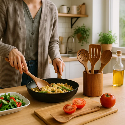 Ensemble d'ustensiles de cuisine en bois naturel