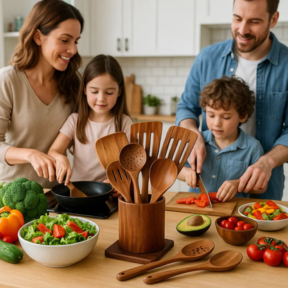 Ensemble d'ustensiles de cuisine en bois naturel