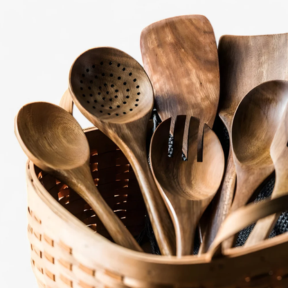 Ensemble d'ustensiles de cuisine en bois naturel
