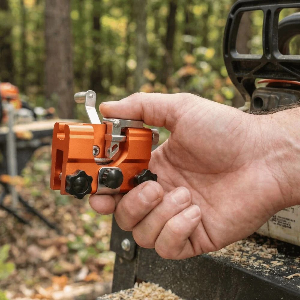 Affûteur de tronçonneuse compact, construction métallique durable