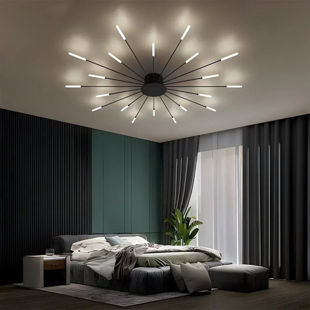 Multi-Arm Starburst Ceiling Fixture Metal LED Dimmable Gold Black 20-42 Bulb Open-Plan Dining Room Contemporary Statement Light Large Space