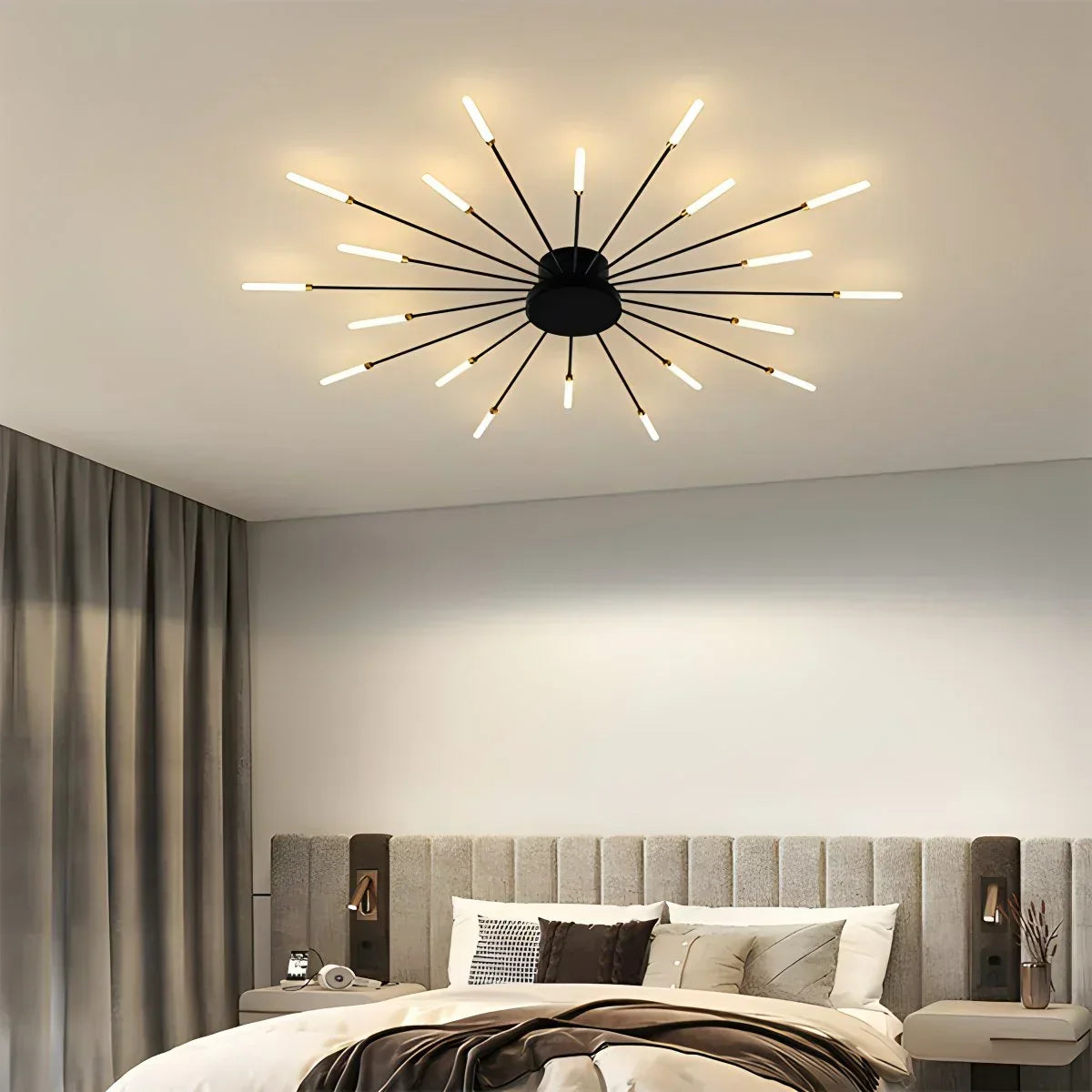 Multi-Arm Starburst Ceiling Fixture Metal LED Dimmable Gold Black 20-42 Bulb Open-Plan Dining Room Contemporary Statement Light Large Space